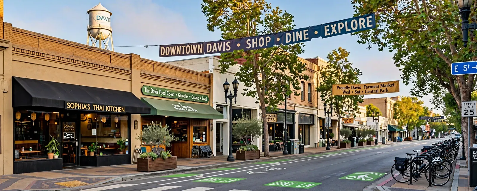 Downtown Davis street with shops, a bike lane, a banner and the water tower