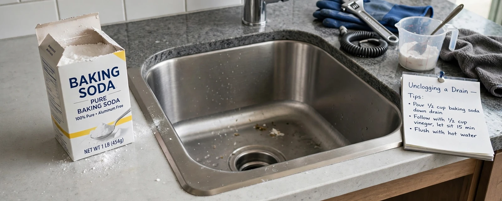 Box of baking soda, a measuring cup and notes beside a stainless steel sink drain