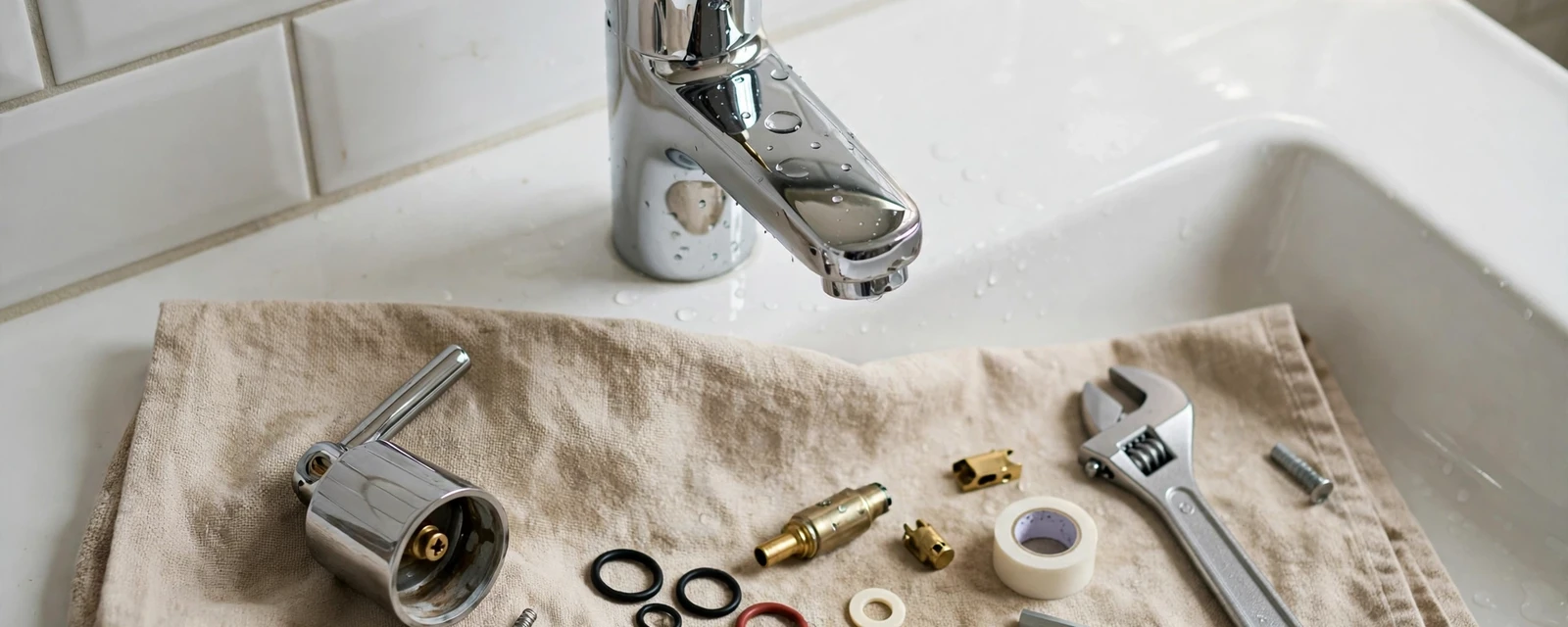 Chrome bathroom faucet and its disassembled parts laid on a towel beside an adjustable wrench