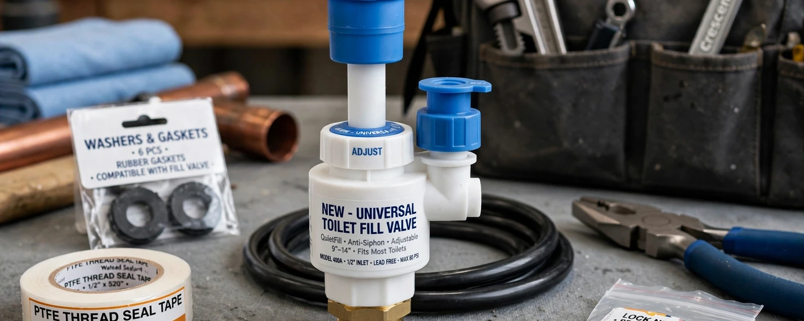 Toilet fill valve, rubber gaskets, thread seal tape and pliers on a workbench