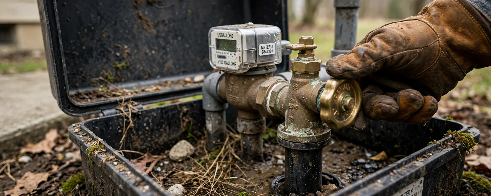 Gloved hand turning a brass shutoff valve beside a water meter in a ground box