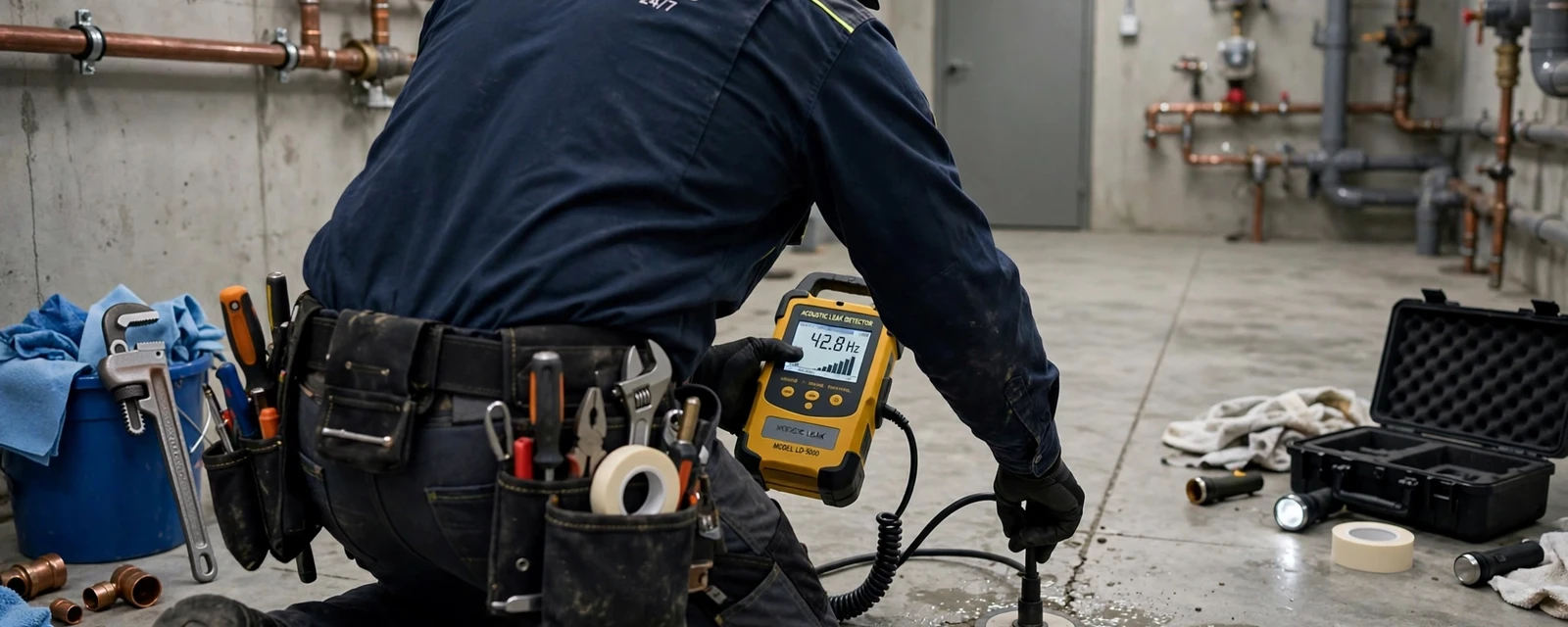Technician kneeling on a concrete floor with a handheld moisture meter and tool belt