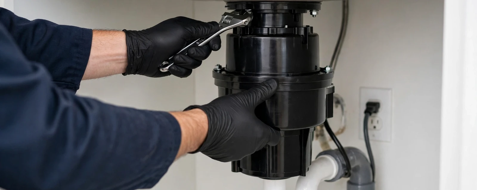 Gloved hands holding a wrench on a garbage disposal under a sink